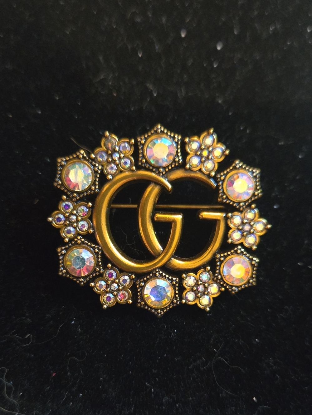 Gold-Tone Crystal Double G Brooch Pin Aurora Borealis Accents Iridescent Logo